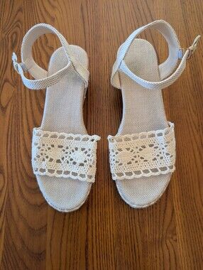 Modernist Cream Crochet Ankle-Strap Sandals, Size 39EU